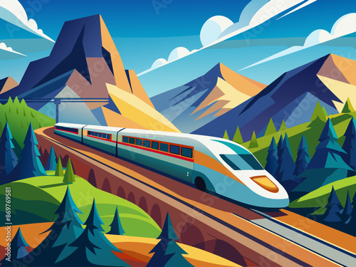 A high-speed bullet train cutting through a mountainous landscape