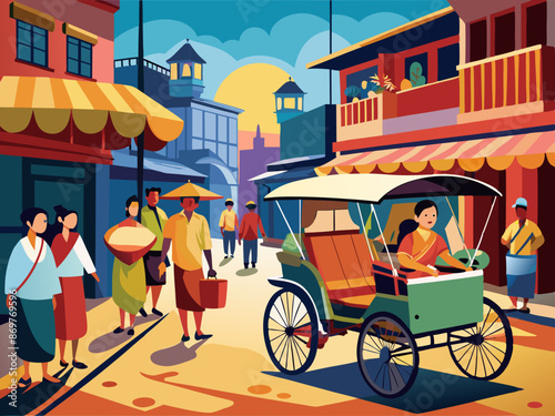 A traditional rickshaw being pulled through a market street