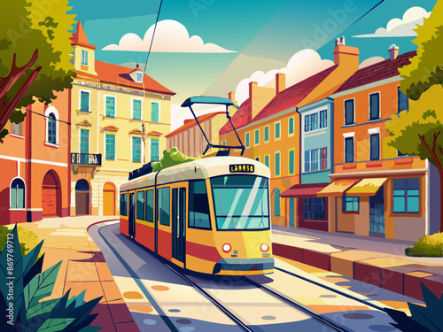 A modern tram gliding through a European city center