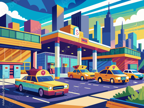 A bustling taxi stand in a metropolitan area