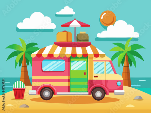 A colorful ice cream truck parked on a beach