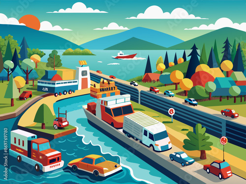 A bustling car ferry transporting vehicles across a river