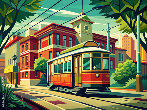 A retro trolley navigating through a historic district