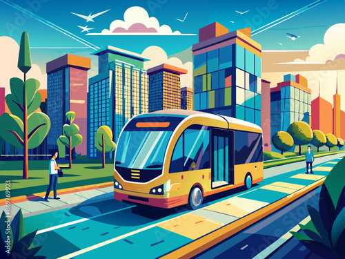 A high-tech autonomous bus driving in a city