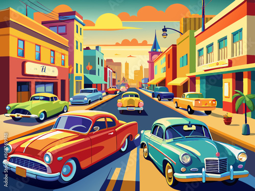 A colorful parade of classic cars on a main street