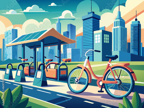 A futuristic bike-share station in a smart city