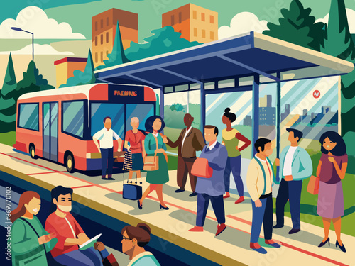 A crowded bus stop with people waiting to board