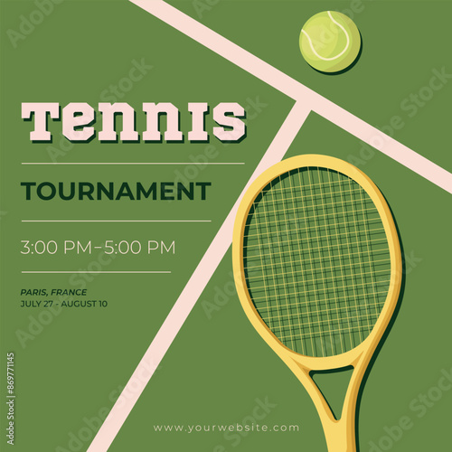 Tennis championship or tournament poster design. Tennis racket and ball isolated. Vector illustration.