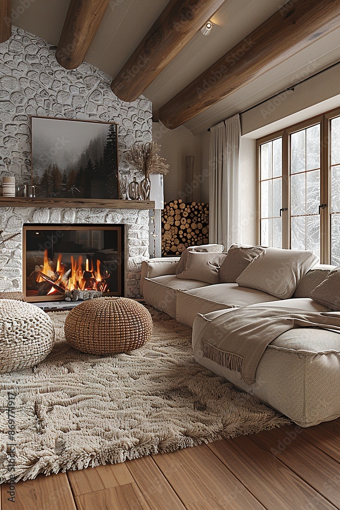 Fototapeta premium Stone fireplace, taupe color scheme, wood cabin vibes, hanging art.