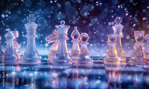 Winter Wonderland Chess: Ice Pieces Glowing in Celestial Light photo