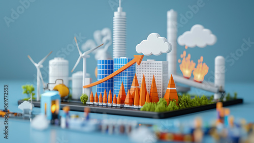 Line graph showing trends in greenhouse gas emissions from industry and modern city, climate change, global warming and save the world concept.