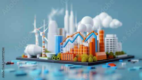 Line graph showing trends in greenhouse gas emissions and heat with modern city and a line graph showing the amount of oxygen or cooling that decreases, global warming, and ideas for saving the world.