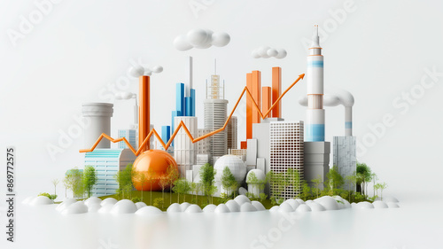 Line graph showing trends in greenhouse gas emissions from industry and modern city, climate change, global warming and save the world concept.