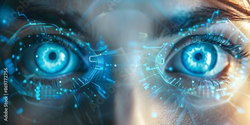 The Future of Cybersecurity Female Face with Blue Glowing Eyes and Retina Scan. Concept Cybersecurity Trends, Futuristic Technology, Female Representation, Biometric Authentication, Digital Security © Ян Заболотний