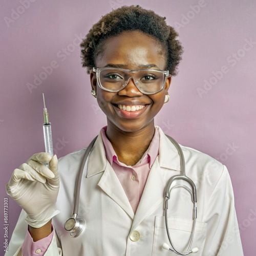 A African nurse wearing an apron and stethoscope and glasses. hold on injection. face reaction smiling on a solid background.