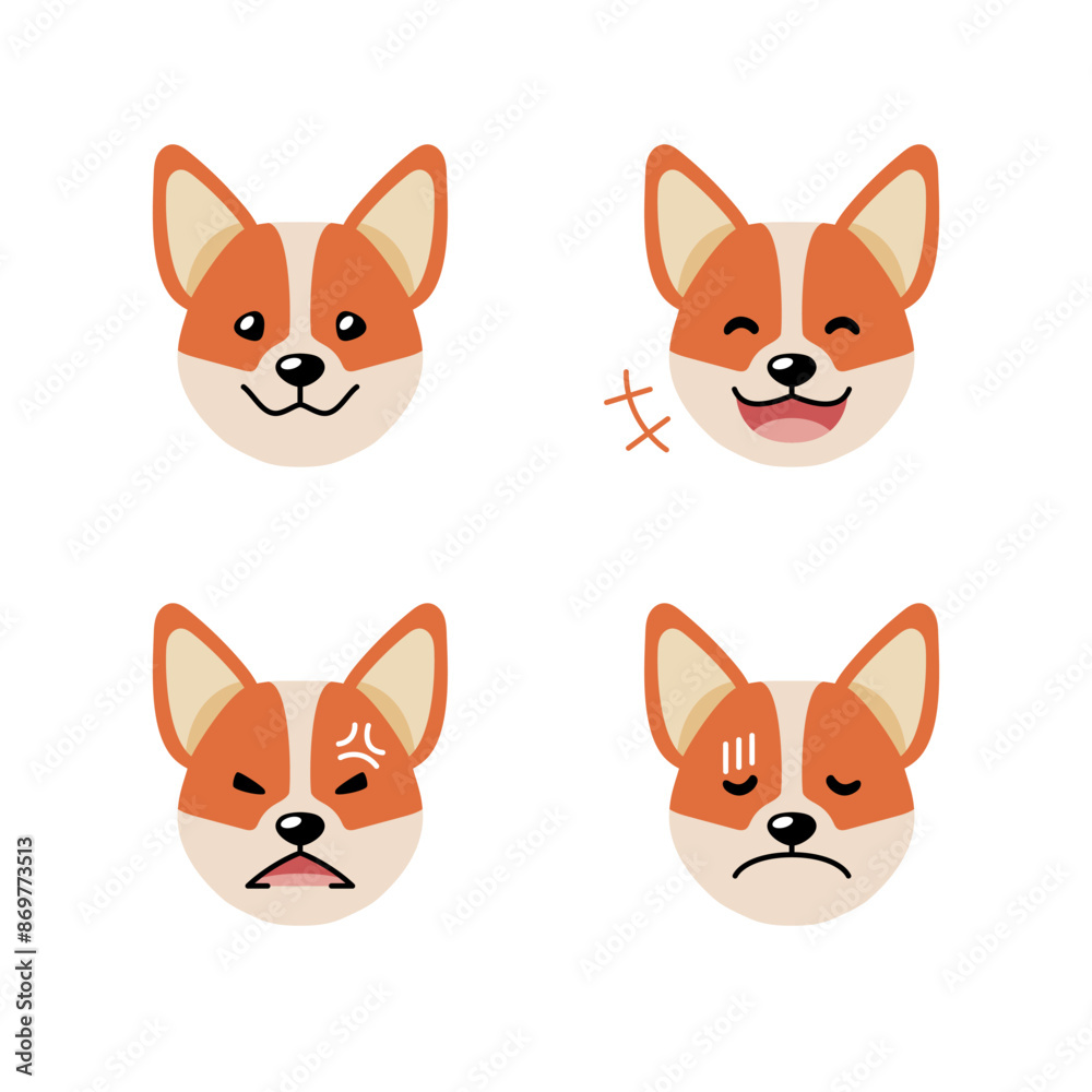 Set of character corgi dog faces showing different emotions for design. Set of character corgi dog faces showing different emotions for design.