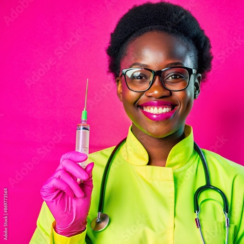 A African nurse wearing an apron and stethoscope and glasses. hold on injection. face reaction smiling on a solid background.