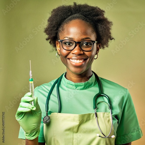 A African nurse wearing an apron and stethoscope and glasses. hold on injection. face reaction smiling on a solid background.