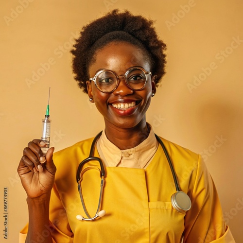 A African nurse wearing an apron and stethoscope and glasses. hold on injection. face reaction smiling on a solid background.