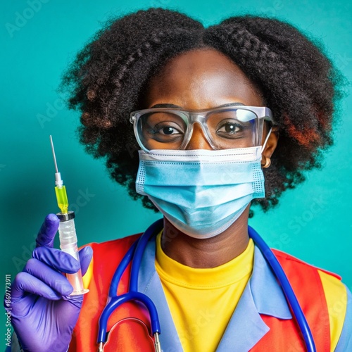 A African nurse wearing an apron and stethoscope and glasses. hold on injection. face reaction smiling on a solid background.