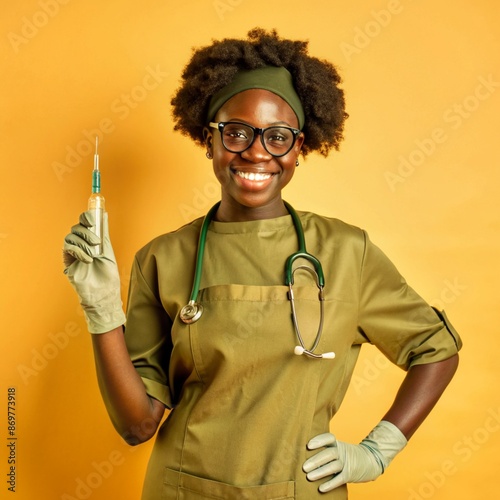 A African nurse wearing an apron and stethoscope and glasses. hold on injection. face reaction smiling on a solid background.