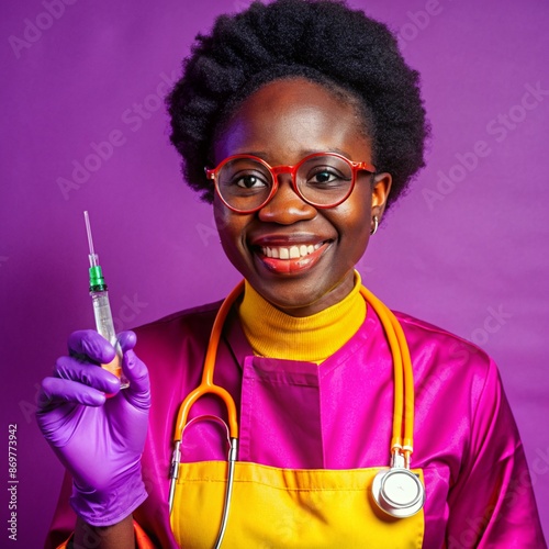 A African nurse wearing an apron and stethoscope and glasses. hold on injection. face reaction smiling on a solid background.
