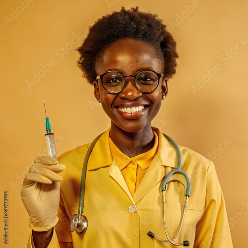 A African nurse wearing an apron and stethoscope and glasses. hold on injection. face reaction smiling on a solid background.