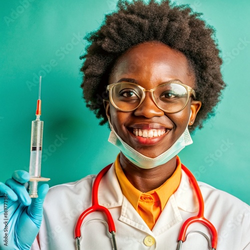 A African nurse wearing an apron and stethoscope and glasses. hold on injection. face reaction smiling on a solid background.