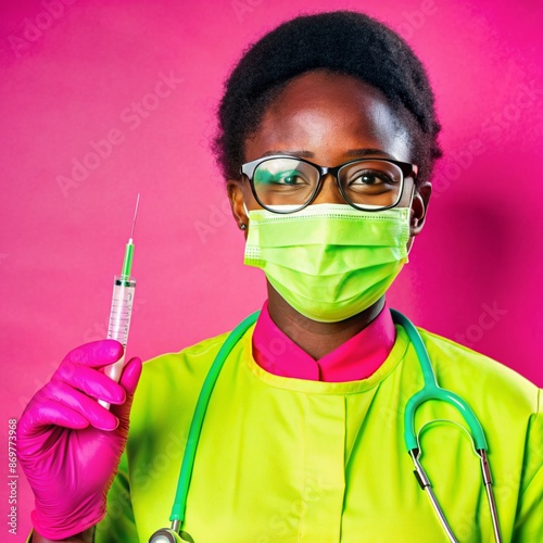 A African nurse wearing an apron and stethoscope and glasses. hold on injection. face reaction smiling on a solid background.