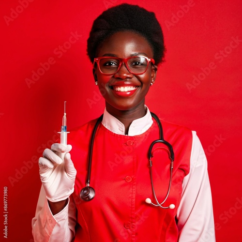 A African nurse wearing an apron and stethoscope and glasses. hold on injection. face reaction smiling on a solid background.