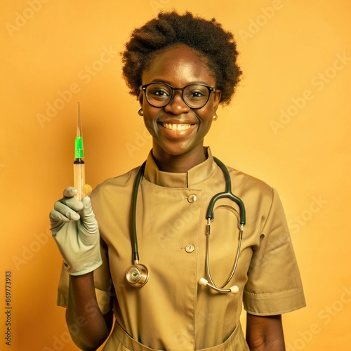 A African nurse wearing an apron and stethoscope and glasses. hold on injection. face reaction smiling on a solid background.