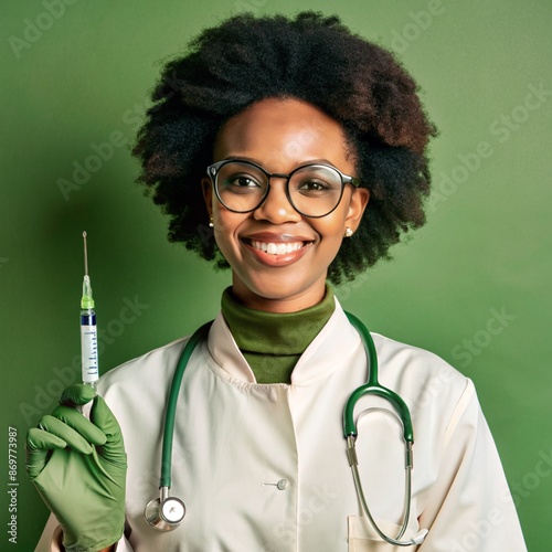 A African nurse wearing an apron and stethoscope and glasses. hold on injection. face reaction smiling on a solid background.