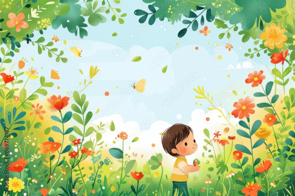 little child playing in the garden of eden in cartoon style. little child playing in the garden of eden in cartoon style.