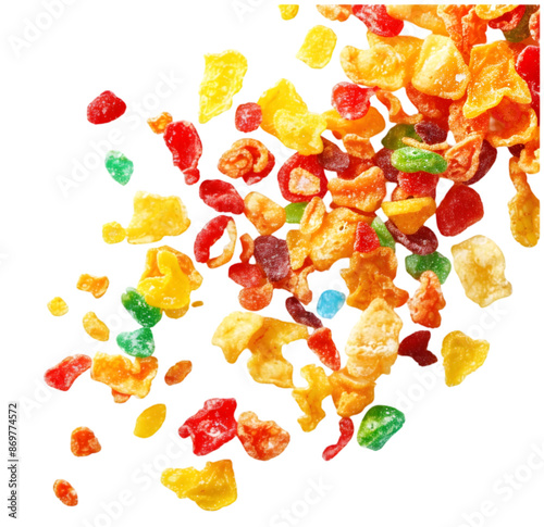 Exploding fruity pebbles cereal, individual separated and pieces floating in Isolated on Transparent background.