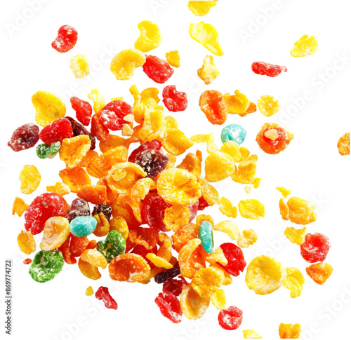 Exploding fruity pebbles cereal, individual separated and pieces floating in Isolated on Transparent background.