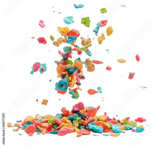 Exploding fruity pebbles cereal, individual separated and pieces floating in Isolated on Transparent background.