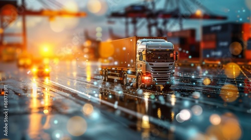 A truck is driving down a wet road with a bright orange sun in the background