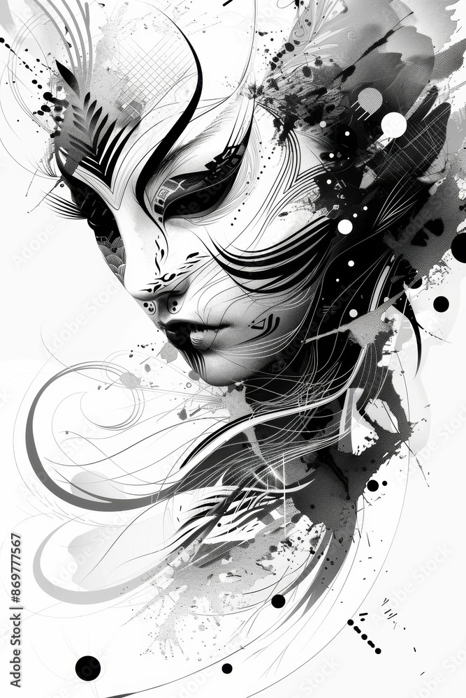 Fototapeta premium Abstract Monochromatic Female Portrait with Splash Art and Dynamic Lines