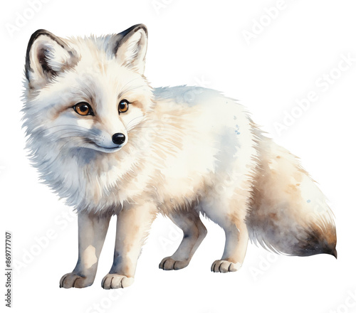 Watercolor illustration of a cute white fox isolated on a transparent background. Watercolor polar fox or arctic fox clipart on white backdrop for design: books, stickers, decoration, prints.