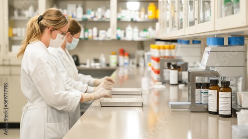 Pharmacists in a compounding lab preparing custom medications, specialized pharmacy, patient-specific care photo