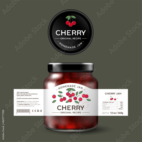 Red Cherry Jam. Sweet food. Design of label with flat illustration and texts. Mock up of Glass Jar with Label.