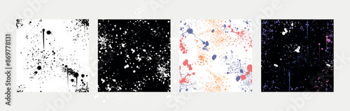 Set of banners with spray paint splashes. Posters of seamless blobs, drips, brush dots or drops. Graffiti inky splatters, inkblot spots with dusty speckle effect. Watercolor covers with splash smudges