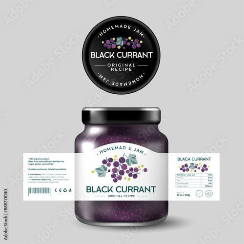 Black Currant Jam. Sweet food. Design of label with flat illustration and texts. Mockup of Glass Jar with Label.