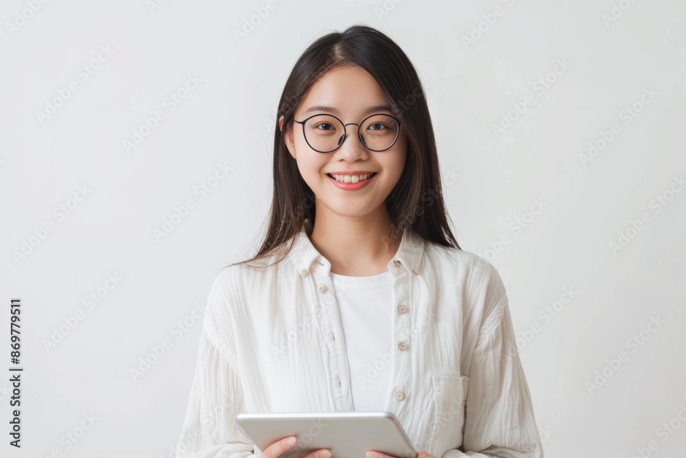 Smiling Asian woman in glasses holding digital tablet. Smiling Asian woman in glasses holding digital tablet.