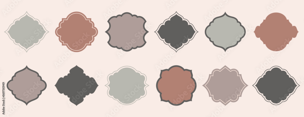 Old islamic window shape in oriental style. Arabic frames or arabian mosque arches in beige pastel colors. Muslim architecture geometric design elements or moroccan minimal arc set. Eid mubarak badges Old islamic window shape in oriental style. Arabic frames or arabian mosque arches in beige pastel colors. Muslim architecture geometric design elements or moroccan minimal arc set. Eid mubarak badges