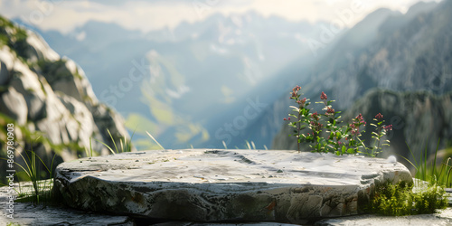 Rustic stone podium with natural light, set against a blurred mountain landscape, ideal for outdoor adventure gear or eco-friendly products 