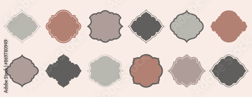 Old islamic window shape in oriental style. Arabic frames or arabian mosque arches in beige pastel colors. Muslim architecture geometric design elements or moroccan minimal arc set. Eid mubarak badges