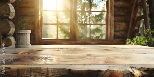 Rustic wooden podium with natural light, against a blurred cozy cabin background, ideal for artisanal crafts or handmade products