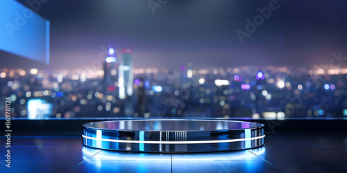 Sleek chrome podium with reflective lighting, set against a blurred futuristic cityscape, perfect for advanced tech gadgets or luxury automotive products