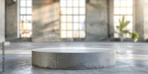 Textured concrete podium with subtle lighting, against a blurred industrial loft background, suitable for contemporary decor items or minimalist products